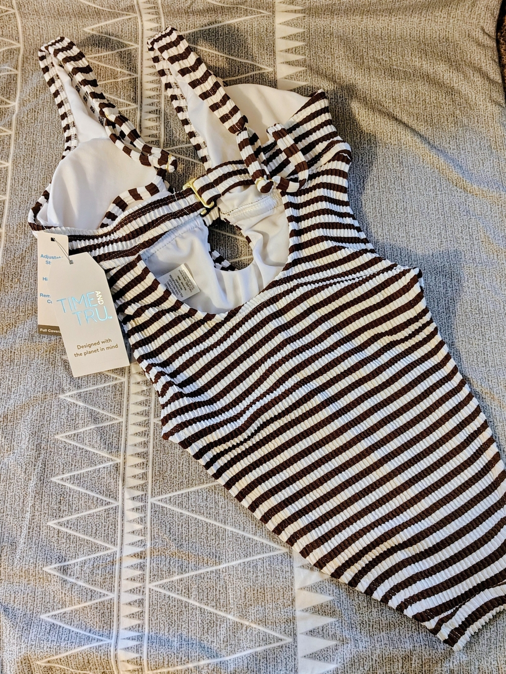 Time and Tru Striped One-Piece Swimsuit - White and Brown - Picture 3 of 7